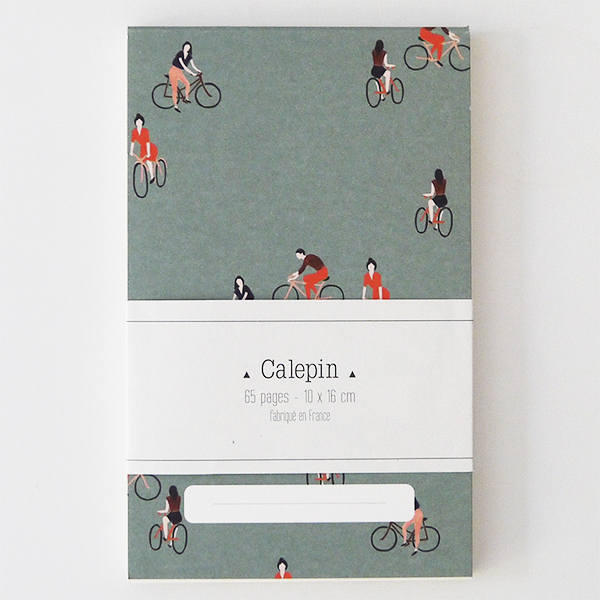 calepin " A bicyclette " fabriqué en france avec des images de bonhommes en vélo